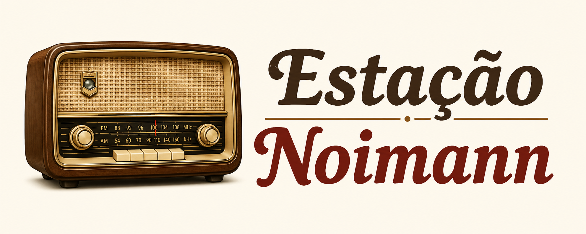 Logo contendo à Esquerda um rádio vintage e à direita Estação Noimann. Ocupando duas linhas.